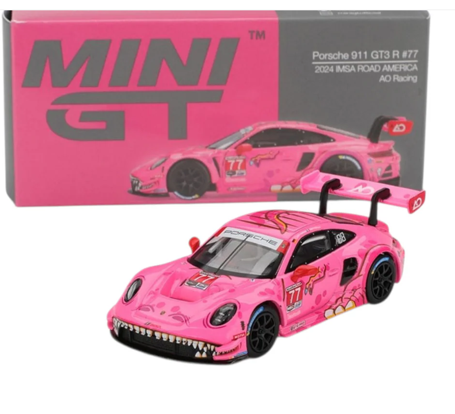 Mini GT #1052: Roxy Porsche 911 GT3 R #77 AO Racing 2024 IMSA Road America 1:64 Scale Box packaging